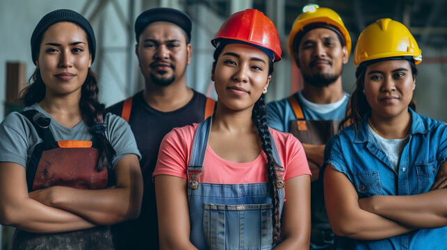 a group of immigrant construction workers in construction helmets, the concept of attracting foreign labor for heavy work
