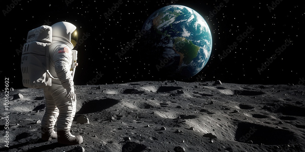 Poster astronaut on the moon with earth in background space exploration sci fi concept