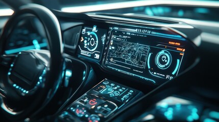 Futuristic car interior with glowing dashboard and navigation screen.