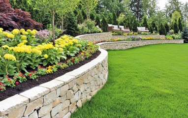 Obraz premium A hillside garden with terraced stone walls, vibrant flower beds, and steps leading down to a cozy seating area nestled among trees