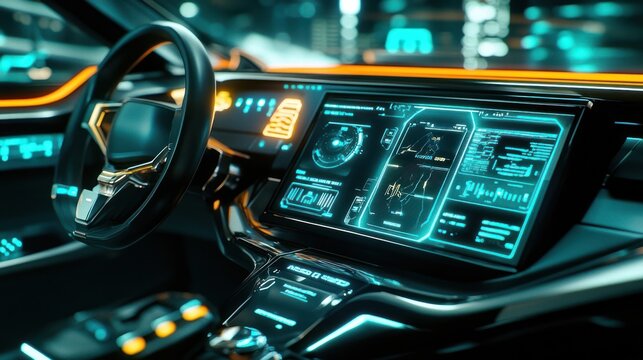 Futuristic car interior with glowing digital dashboard. - Powered by Adobe