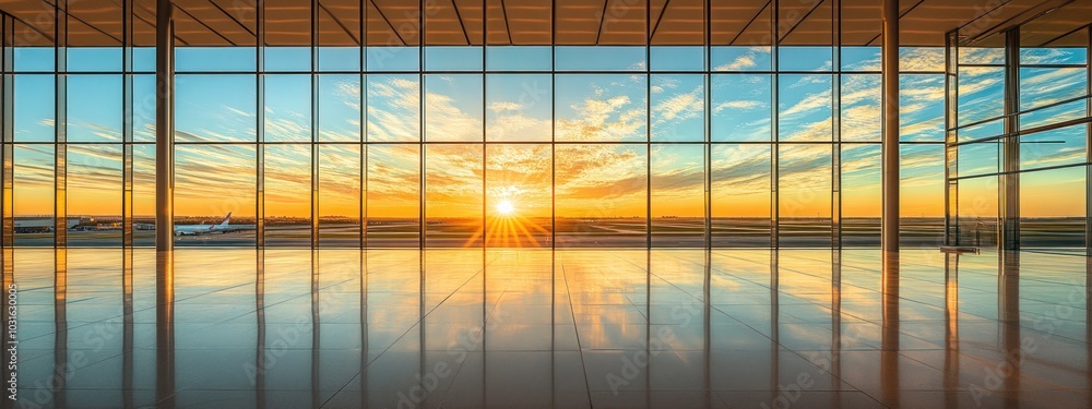 Aufkleber sunset view through large windows in an airport terminal with a reflection on the polished floor.