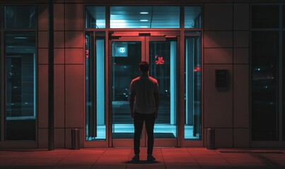 Man in silhouette stands near glass doors.