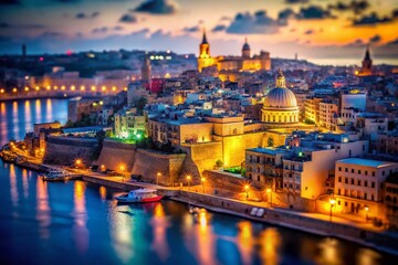 Fototapeta premium Stunning Aerial Night View of Valletta Malta with Bokeh Effect - Modern Cityscape Photography