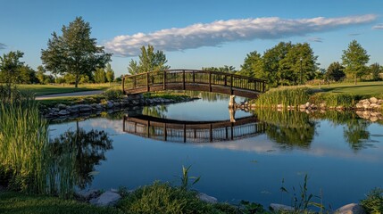 A wooden bridge over a pond with a reflection on a sunny day.