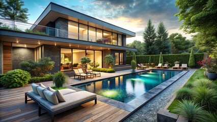 Fototapeta premium Stunning Aerial View of a Luxurious House with Pool Surrounded by Lush Landscaping