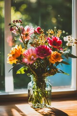A bright, vibrant flower bouquet arranged in a glass vase with sunlight streaming through the window.