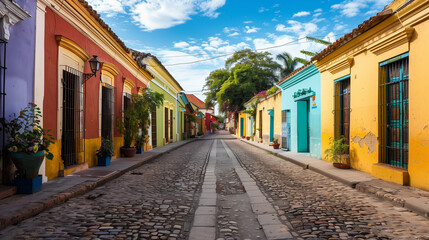 Obraz premium Empty narrow cobblestone street, paving stone road, old colorful buildings with brick walls in Lille historical city centre