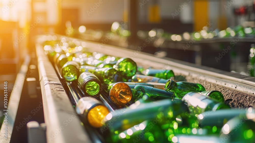 Poster glass bottles moving on a conveyor belt in a recycling factory
