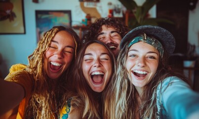 Fototapeta premium Three friends laughing with wide open mouths.