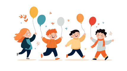 Fototapeta premium A joyful scene of children running through a park, colorful balloons in hand, with beaming smiles and laughter, capturing the essence of carefree fun and vibrant energy. Illustration design.