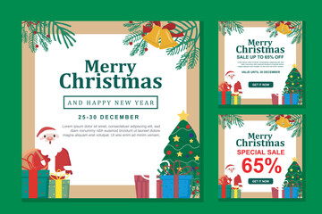 Merry Christmas vector design in square set format with Christmas tree and gifts, perfect for promo poster or greeting card.