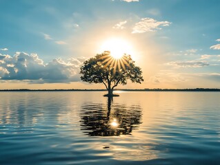 Obraz premium A tree stands at sunrise in a huge billow.
