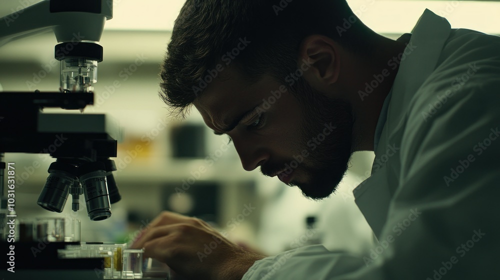 Poster a man in a lab coat looking at a microscope