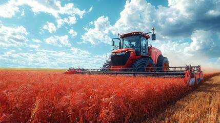Obraz premium A red tractor harvests a golden wheat field under a bright blue sky with white fluffy clouds.