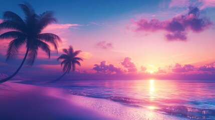 Pink sunset over tropical beach with palm trees.
