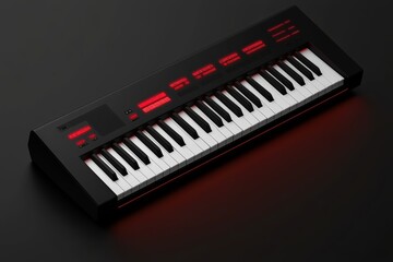 Fototapeta premium Close-up of futuristic synthesizer keys with glowing red buttons, sleek design, and polished surface, highlighting modern electronic music technology, Synthesizer, Music Innovation