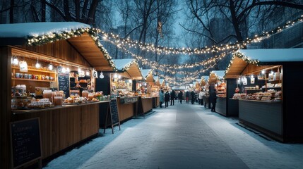 Snowy market stalls adorned with festive lights during night.