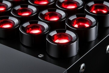 Detail of synthesizer control panel with vivid red lights and precision dials, emphasizing sleek design and advanced sound production, Music Gear, Tech Art