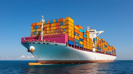 Imposing cargo vessel transporting a full load of colorful shipping containers across the vast open ocean showcasing the scale and efficiency of global trade and logistics