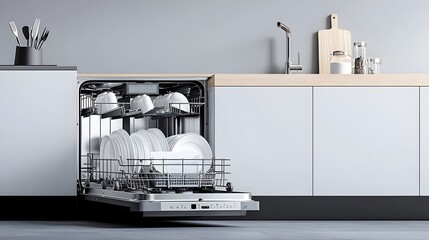 Interior of a contemporary kitchen featuring an open dishwasher and someone loading freshly cleaned dishes showcasing a domestic task and household appliance