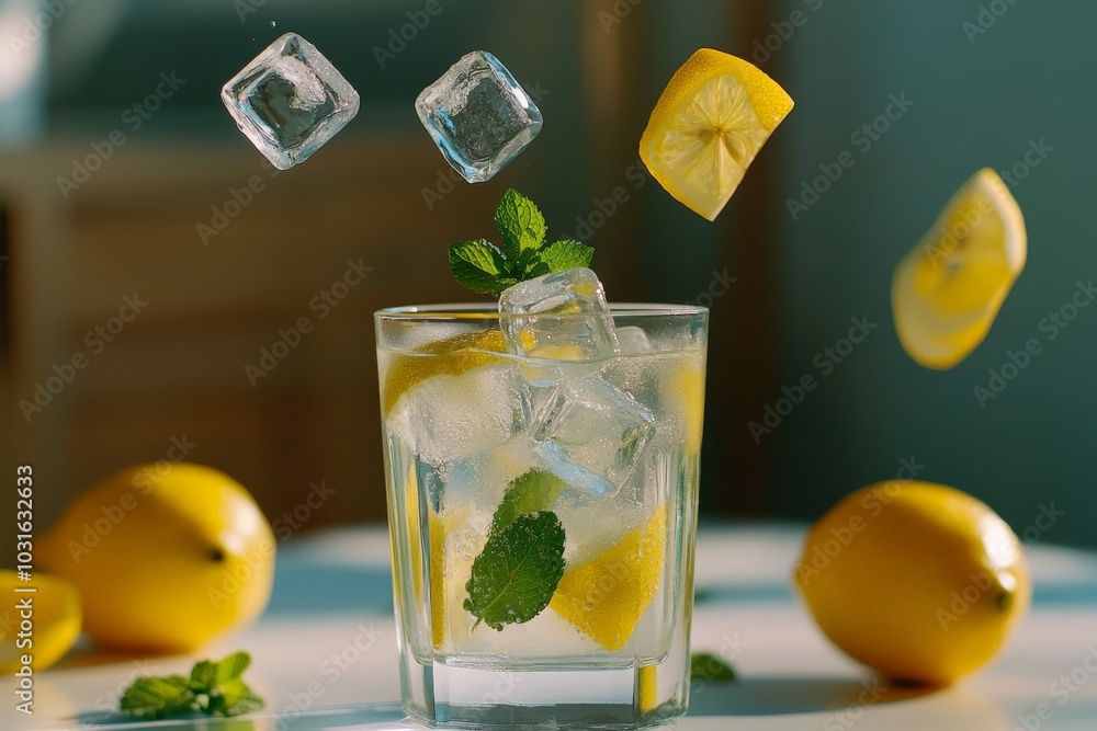 Poster refreshing lemonade with ice and lemon slices.