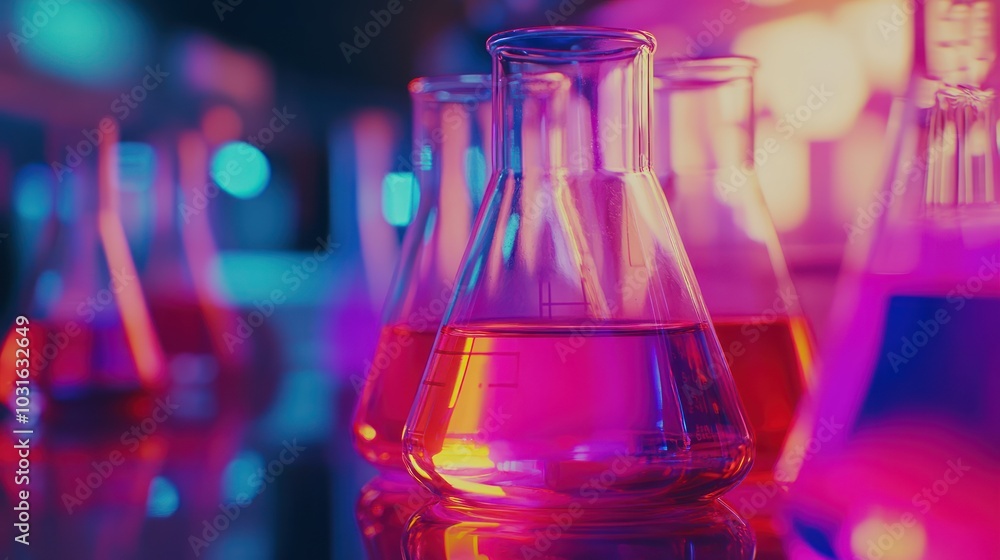 Poster close-up of laboratory flasks filled with pink liquid against a brightly lit background