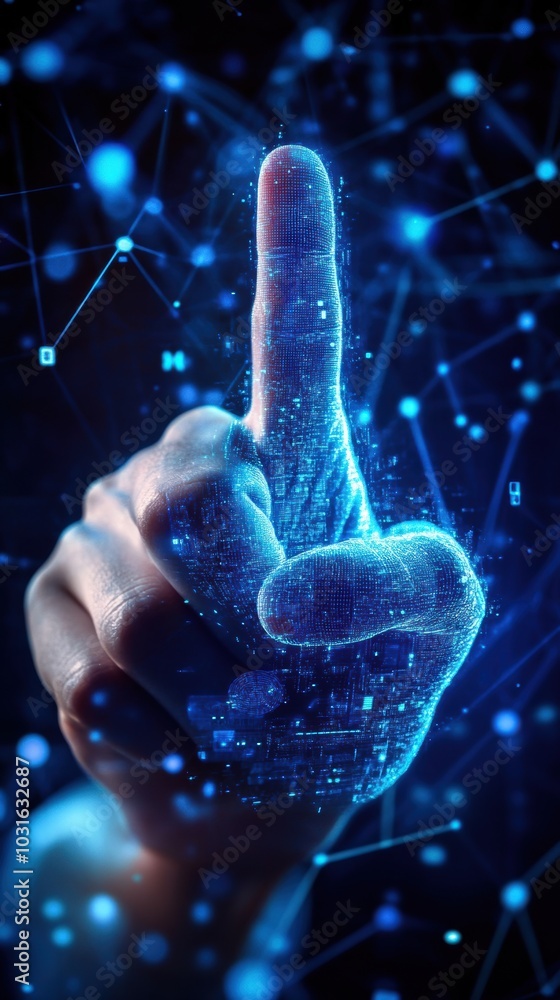Poster thumbs up with virtual fingerprint to scan biometric identity