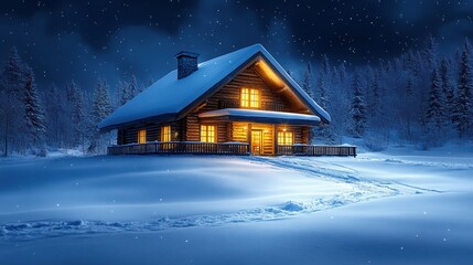 A warmly lit log cabin surrounded by deep snow and pine trees under a starry winter night sky, evoking a peaceful, cozy atmosphere.