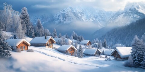 house in the mountains, Alpine Village in Winter with Snow-Covered Chalets and Majestic Mountain Scenery Ideal for Holiday Travel, Winter Sports, and Cozy Seasonal Getaways