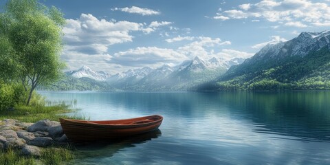 Obraz premium Calm lake, mountains, and a wooden boat.