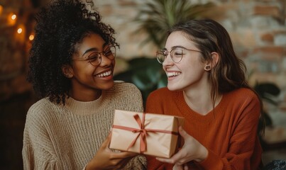 Two smiling women exchanging a gift.