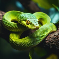 Fototapeta premium A vibrant green snake coiled on a tree branch, showcasing its intricate scales and golden eyes in a jungle setting.
