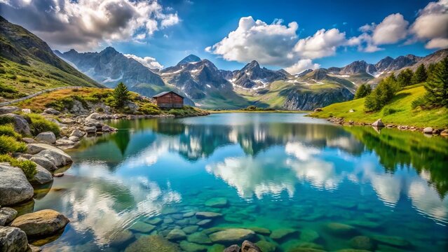 Stunning Alpine Lake View at Giogo Lungo Refuge in Valle Aurina, Italy - Nature's Serenity and Scenic Beauty