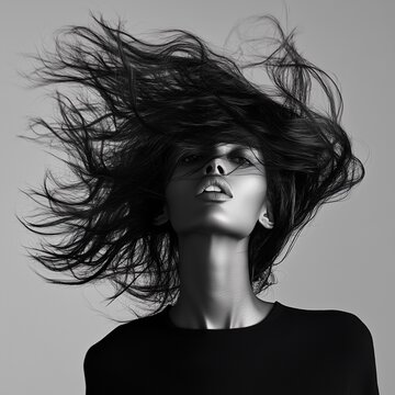 Black and white portrait of a woman with flowing hair in motion, capturing a dramatic and powerful expression. The image highlights contrast and texture.