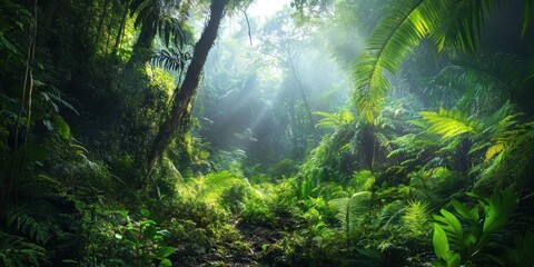 Lush green jungle path with sunlight streaming through leaves.