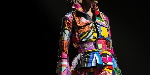 Colorful patchwork jacket on runway model.