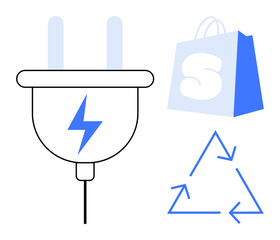 Plug with lightning bolt, shopping bag, and recycling icon emphasizing eco-friendliness and sustainability. Ideal for renewable energy, eco-shopping, recycling, sustainability, green technology