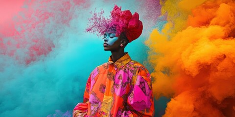 Fototapeta premium Woman in colorful clothing, surrounded by smoke.