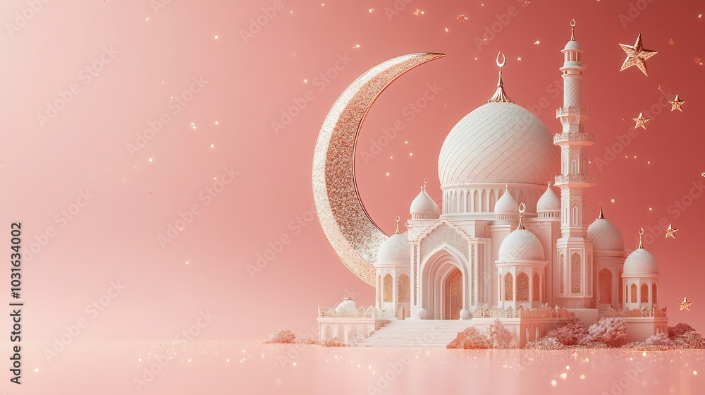Poster elegant eid mubarak card featuring 3d crescent moon and mosque sparkling stars and text space on a m