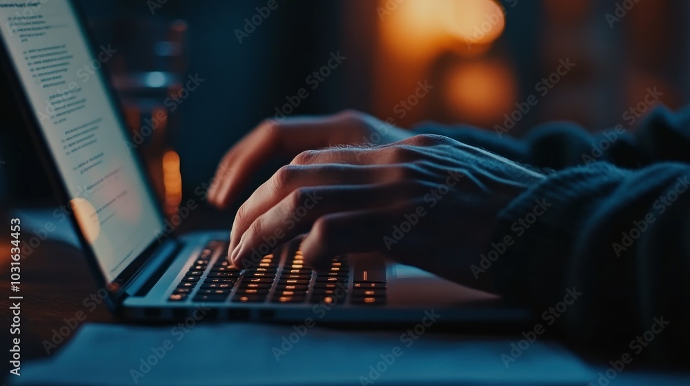 Poster close-up of hands typing on a laptop keyboard in a dimly lit room