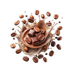 Coffee beans with chocolate and milk splashes png background