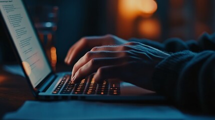 Close-up of hands typing on a laptop keyboard in a dimly lit room