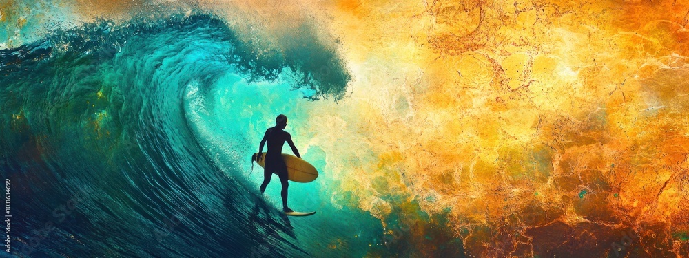 Poster silhouette of a surfer riding a large wave with a colorful sky in the background.