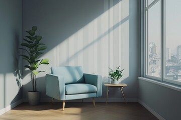 Minimalist Grey Living Room with Relaxing Blue Armchair and Side Table.