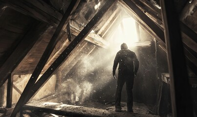 Hooded figure in attic with dust and light.