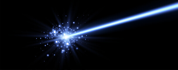 Blue horizontal laser beam. Neon line, presentation pointer. Blue glow flare light effect. Vector illustration. Isolated on black background.