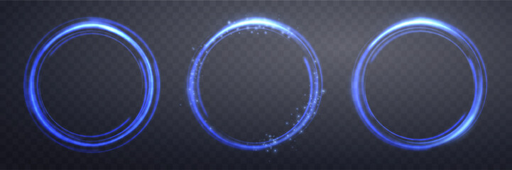 Glowing blue magic rings. Neon realistic energy flare halo rings. Abstract light effect on a dark transparent background. Vector illustration. © Elena