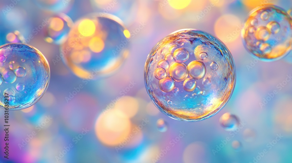 Poster iridescent bubbles with a colorful background