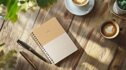A closed notebook with a pen on a wooden table with two cups of coffee, one with a white saucer and the other with a black saucer, and a plant.